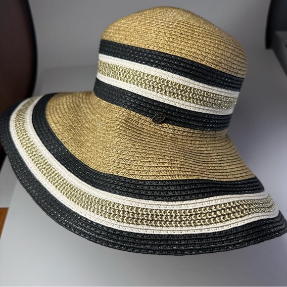 Wide Brim Sun Hat Packable Outdoors Hiking Beach Vacation Straw Metallic Striped - Picture 4 of 7